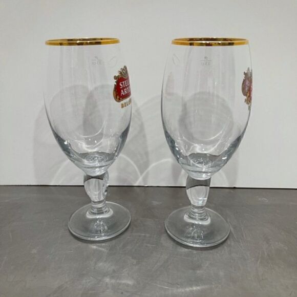 Stella Artois Original Belgium Gold Rimmed Beer Glass Chalice 33CL Set Of 2 - Picture 2 of 6
